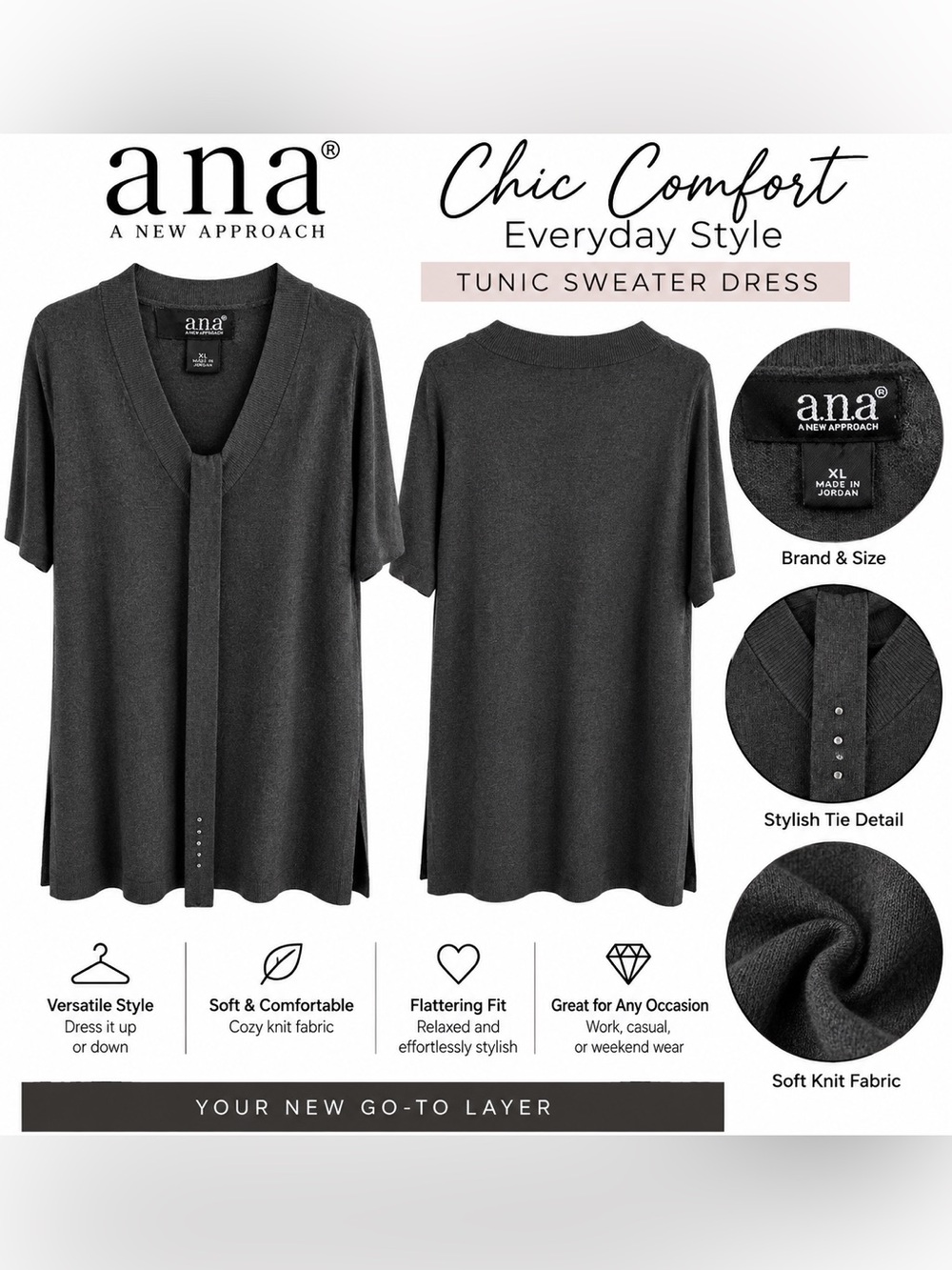 a.n.a Charcoal Gray V-Neck Tunic Sweater with Front Tie